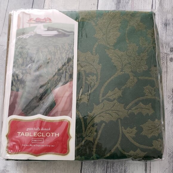 Unused Green Holly Damask Oblong Tablecloth 60x84 - Picture 1 of 2